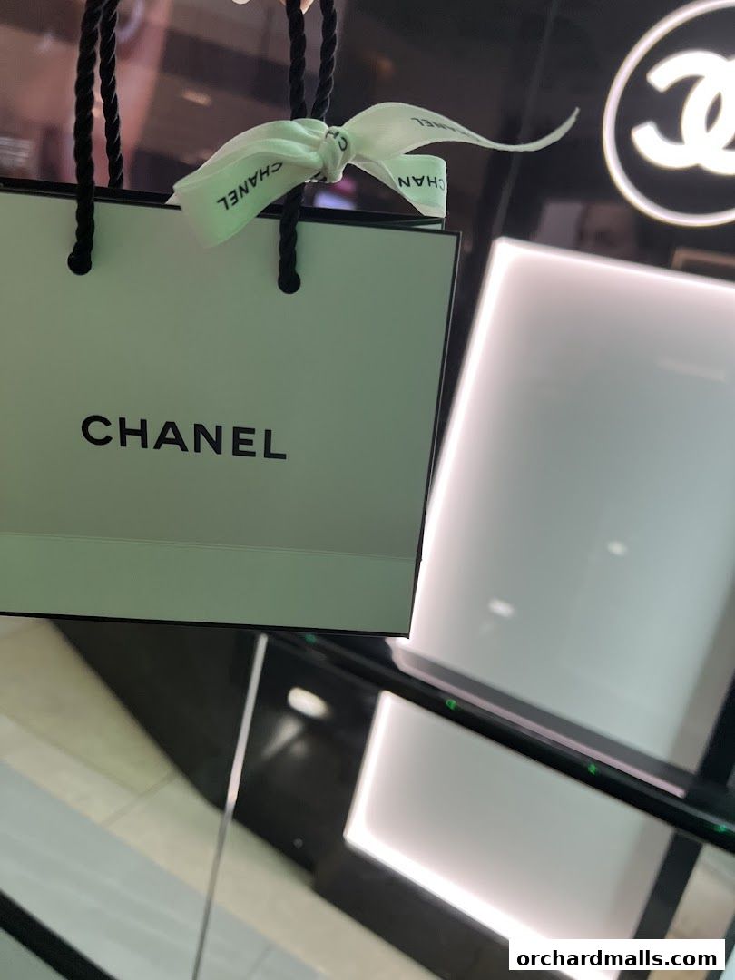 A Chanel shopping bag with a ribbon tied around the handles, in front of a display.
