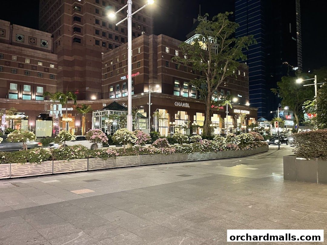 Chanel Beauty Boutique and Louis Vuitton stores illuminated at night with floral displays.