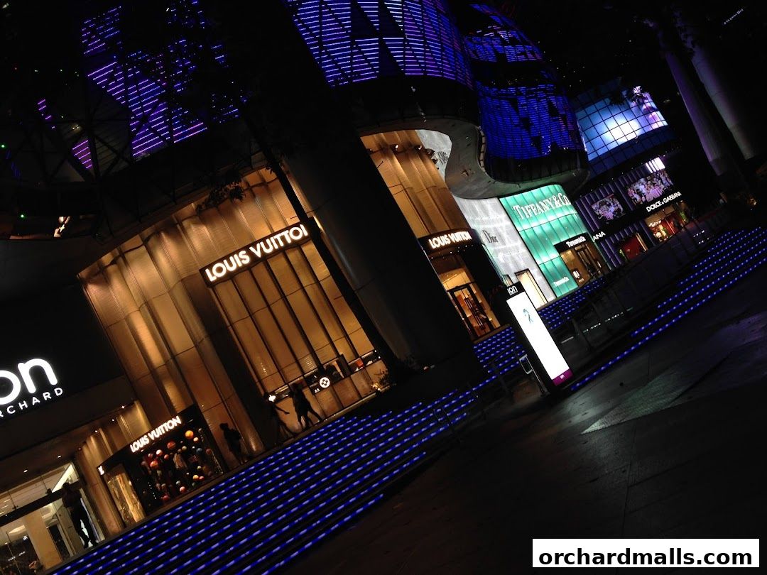 Luxury fashion boutiques illuminated at night, featuring Louis Vuitton, Tiffany & Co., and Dolce & Gabbana.