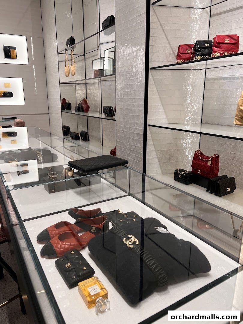Chanel store interior showcasing handbags, shoes, and accessories displayed on shelves and in glass cases.
