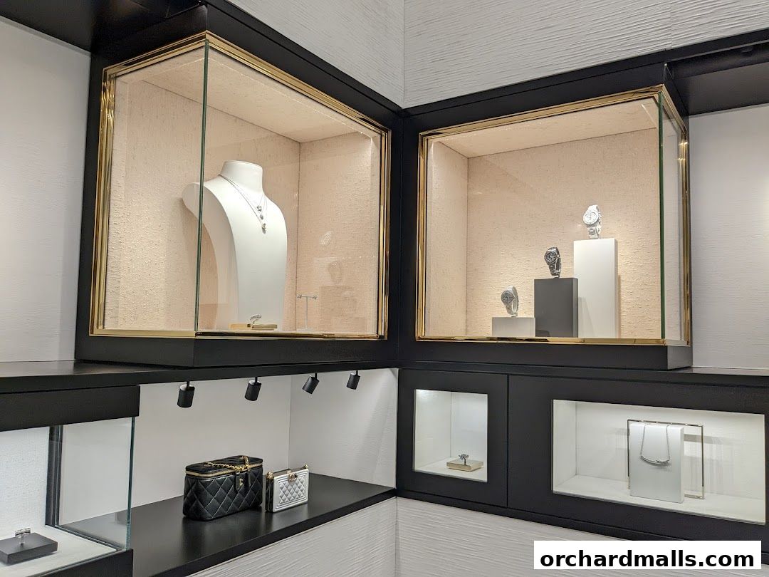 Chanel store display featuring necklaces, watches, handbags, and rings in illuminated glass cases.
