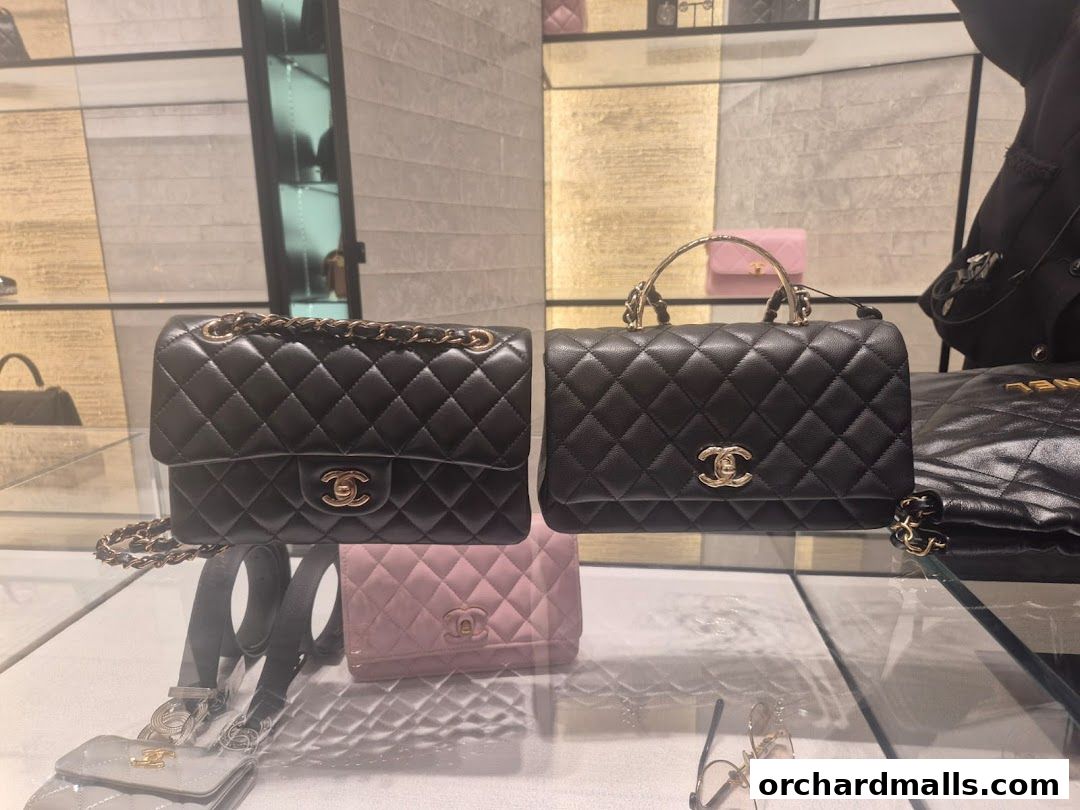 Chanel handbags and accessories displayed on shelves and a glass counter.