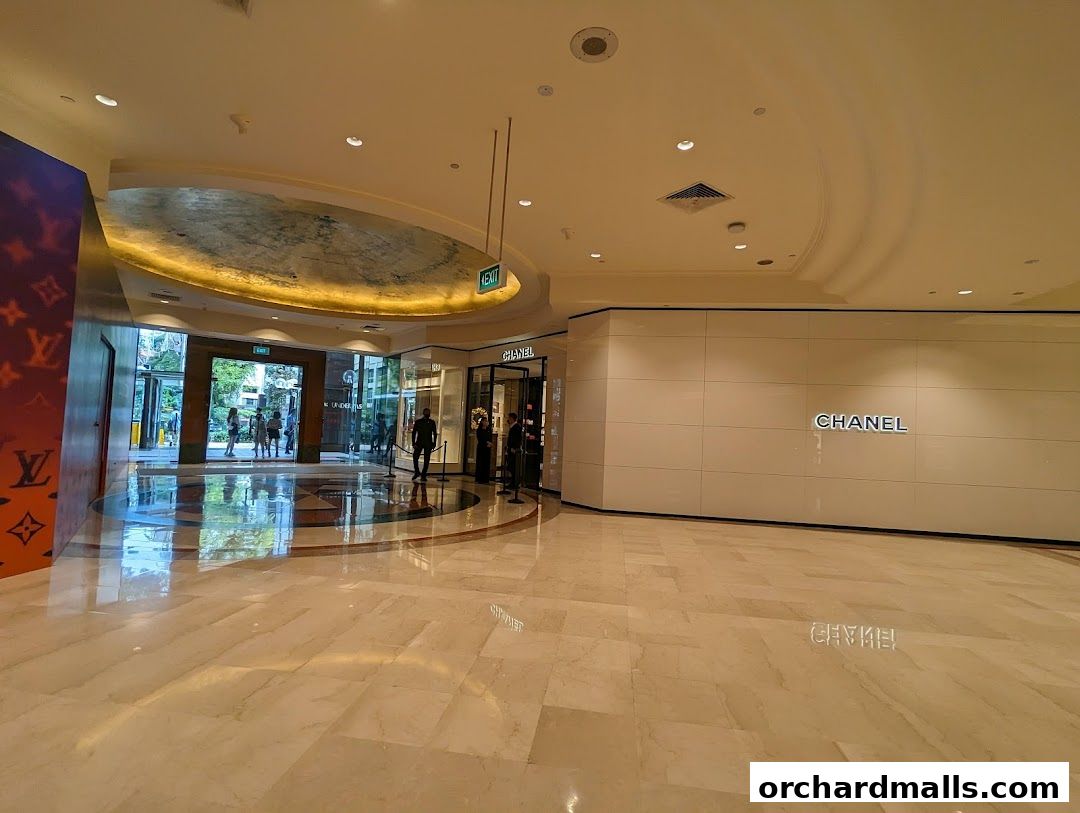 The elegant Chanel store entrance with its signature logo and a polished marble floor.