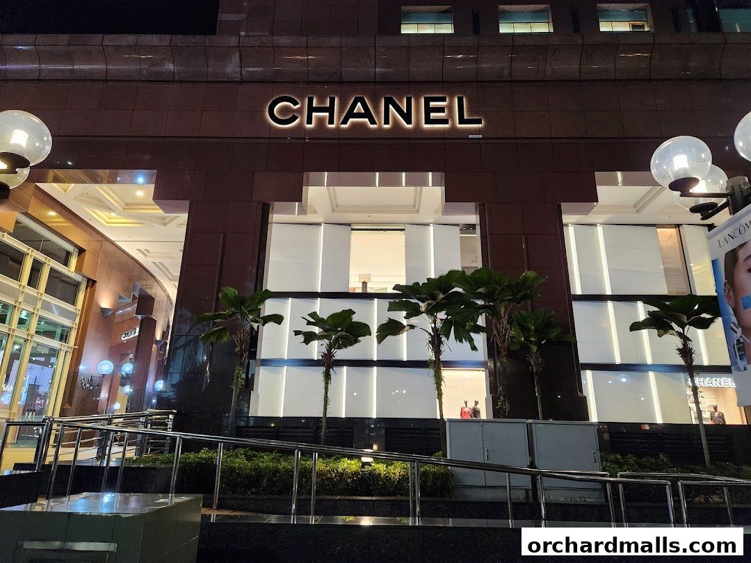 The illuminated Chanel store facade at night, featuring elegant signage and modern architecture.