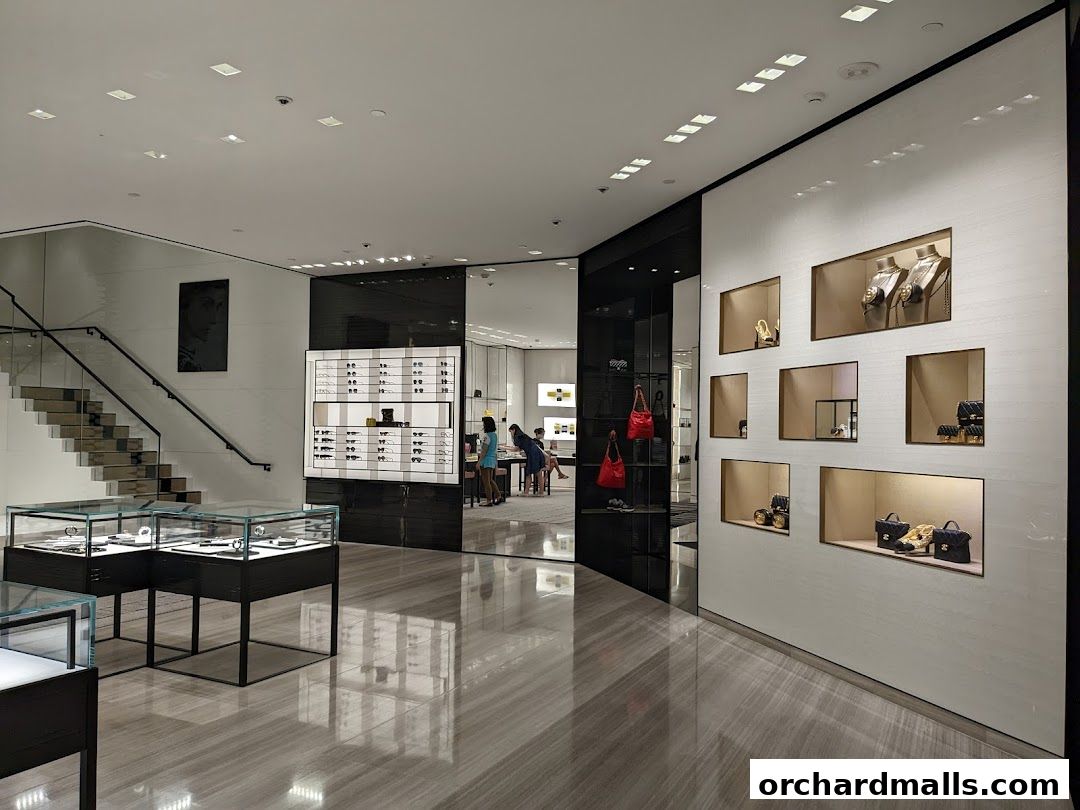 Interior of a luxurious Chanel store showcasing handbags, jewelry, and eyewear displays.