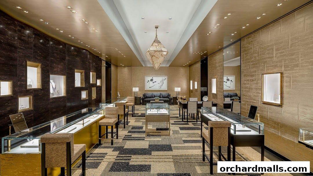 Interior of a luxurious Chanel Watches and Fine Jewellery store with display cases and seating.