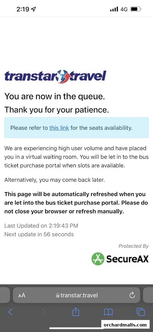A screenshot shows a virtual queue message from Transtar Travel.
