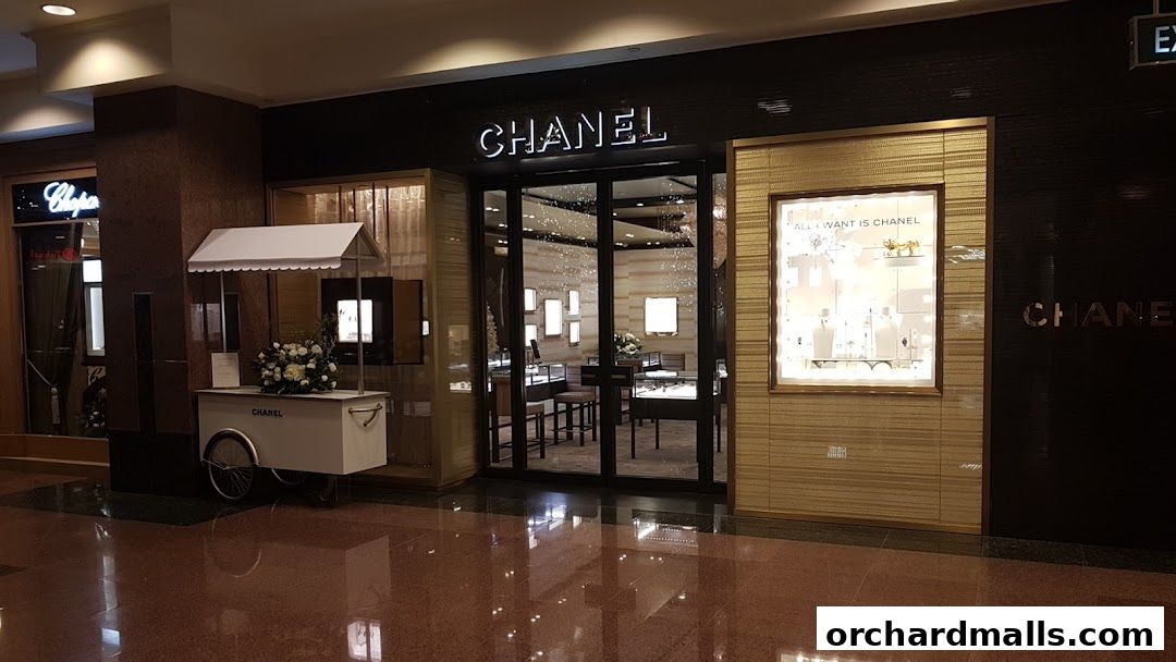 The elegant Chanel Watches and Fine Jewellery store entrance with a display window and a decorative cart.