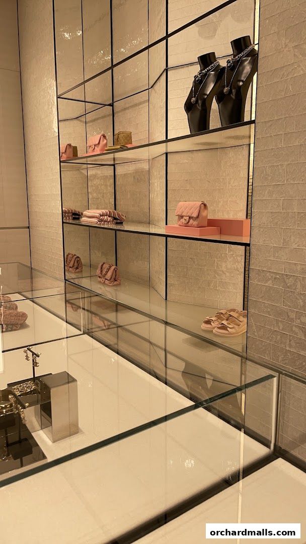 Chanel handbags, jewelry, and shoes displayed on shelves and in glass cases.