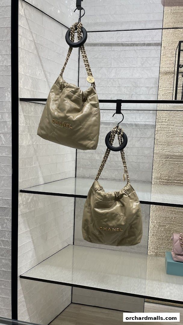 Two quilted Chanel handbags displayed on shelves in a retail store.