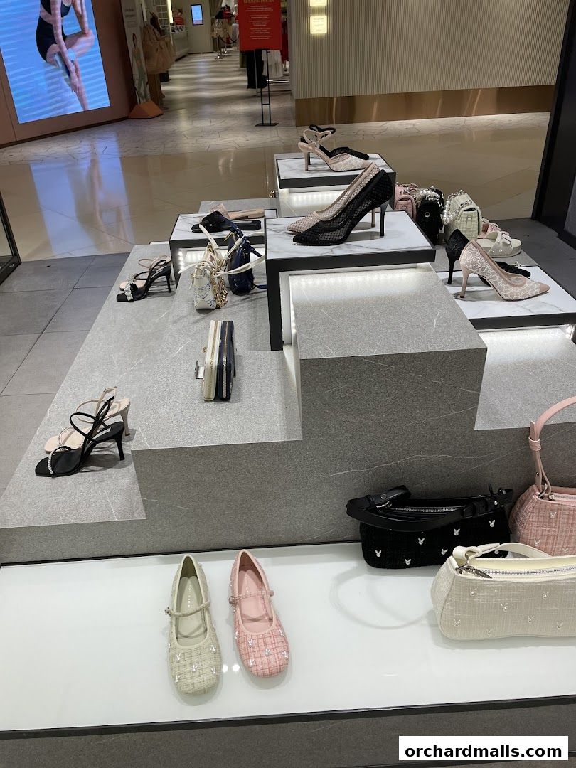 A display of stylish women's shoes and handbags at Charles & Keith.