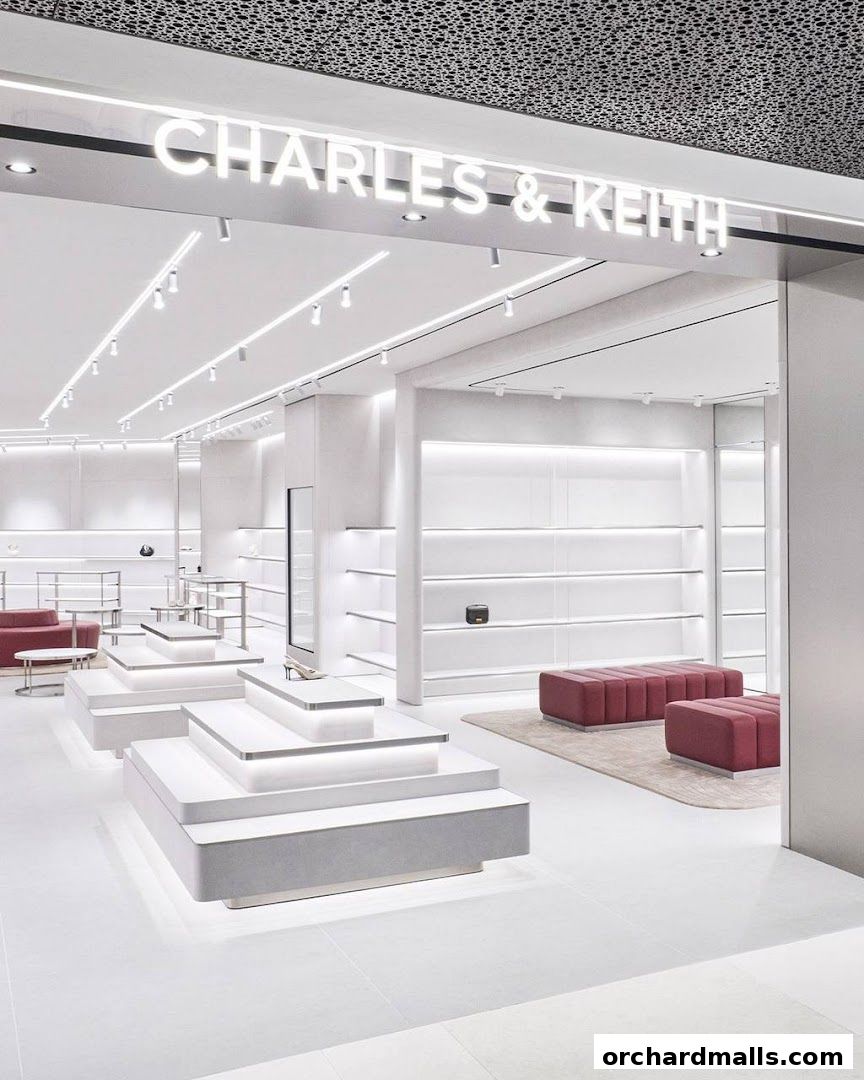 Interior view of a modern Charles & Keith store with display shelves and seating.