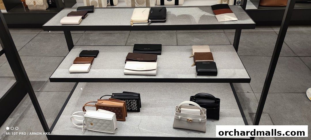 Display shelves showcasing various Charles & Keith wallets and handbags in different colors and styles.