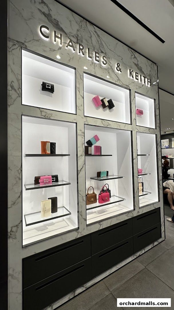 A display wall showcasing various Charles & Keith handbags and wallets in illuminated shelves.