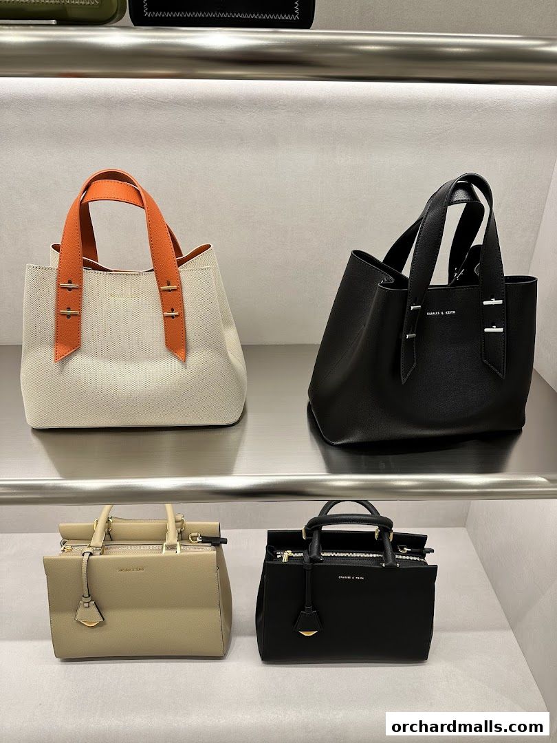 A display of stylish Charles & Keith handbags on shelves in a retail store.