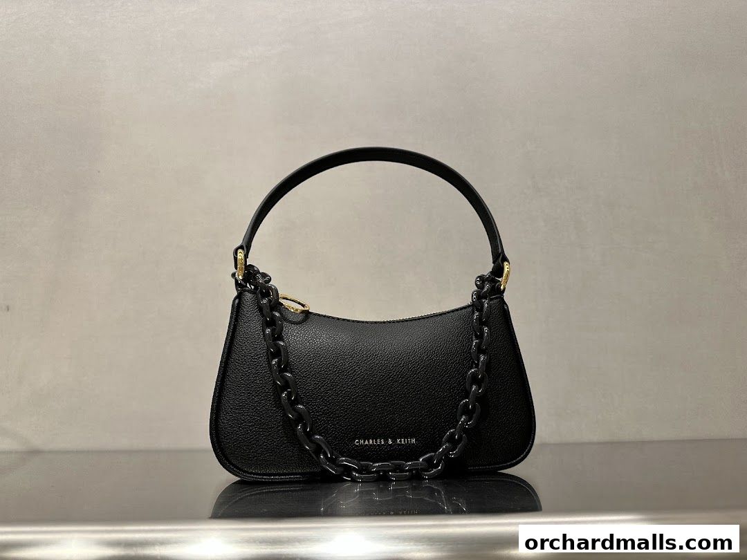 A black Charles & Keith handbag with a chunky chain strap is displayed.