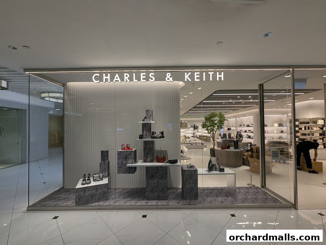 Charles & Keith store front display featuring shoes and handbags.