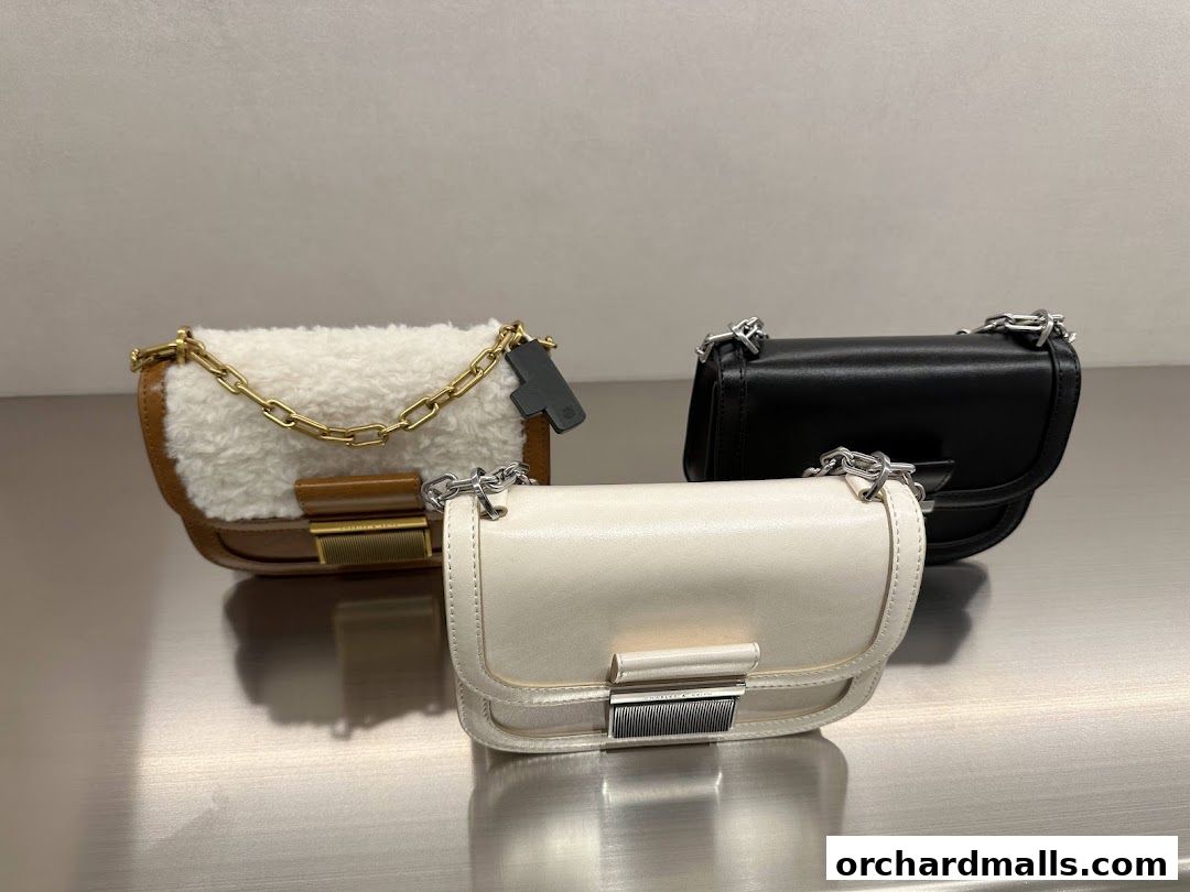 Three stylish handbags, including a fluffy white and brown option, are displayed.