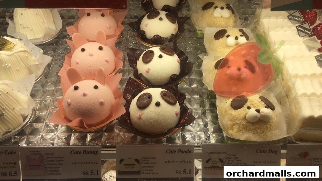 A display of cute animal-themed cakes and pastries at Châteraisé.