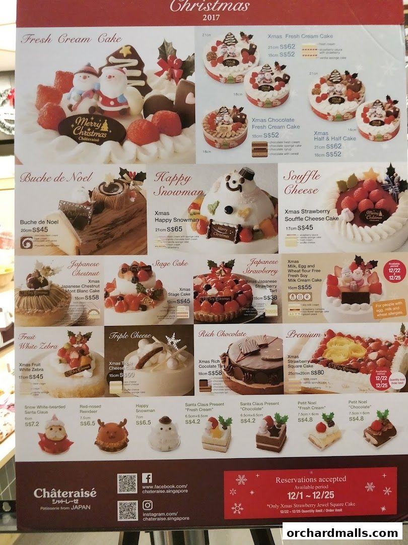 A Christmas menu from Châteraisé featuring various cakes and pastries with prices.