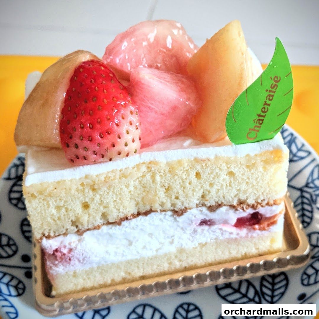 A slice of Châteraisé cake topped with fresh strawberries and peaches.
