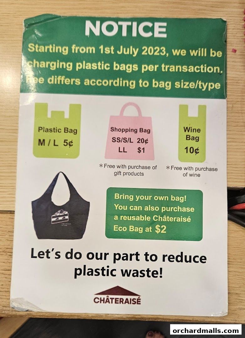 Notice about plastic bag charges and reusable bag options at Châteraisé.