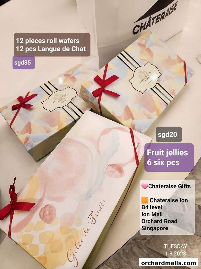 Chateraise gift boxes featuring roll wafers, langue de chat, and fruit jellies.