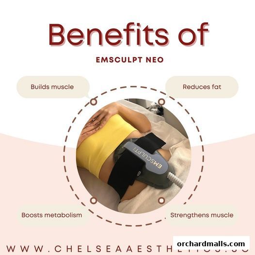 Image highlights the benefits of Emsculpt Neo, including muscle building and fat reduction.