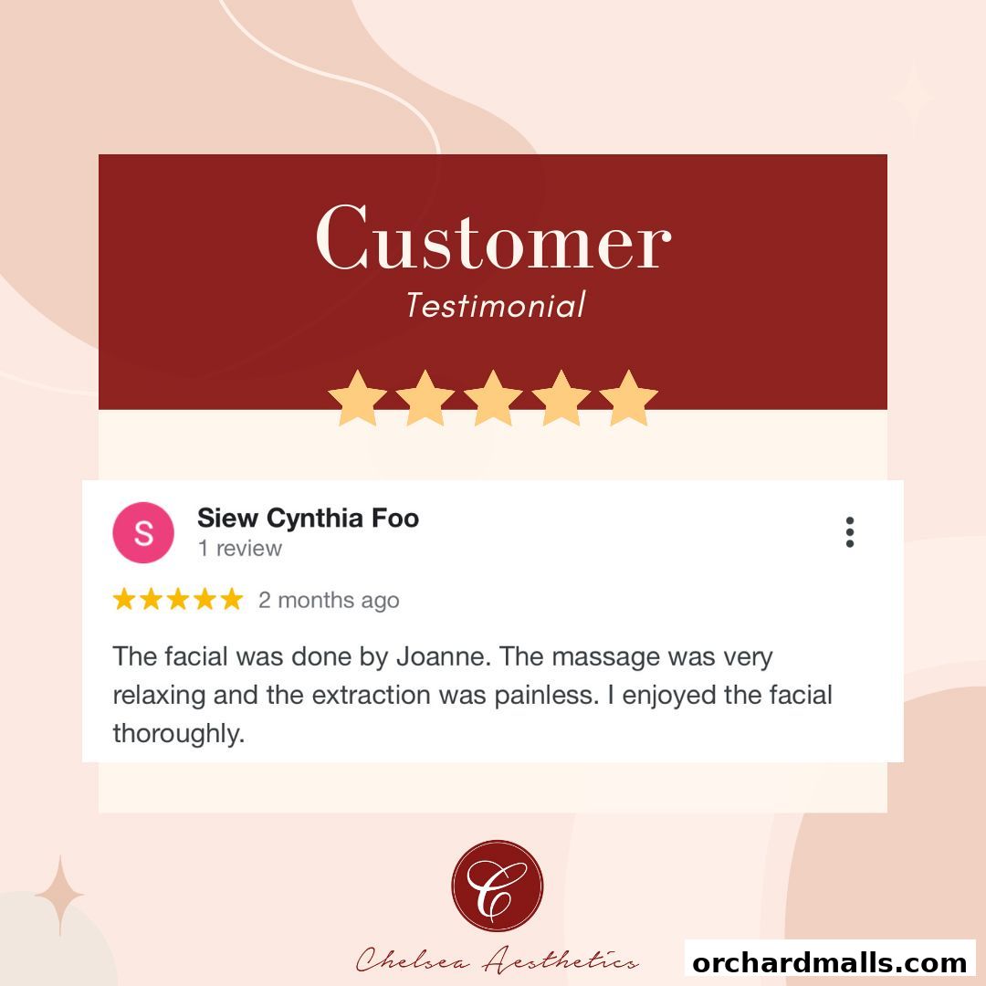 A customer testimonial for Chelsea Aesthetics, highlighting a positive facial experience.