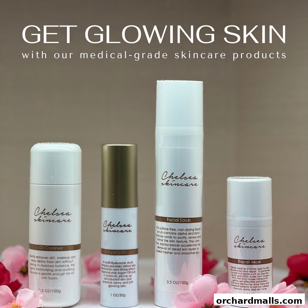 A display of Chelsea Aesthetics medical-grade skincare products for glowing skin.