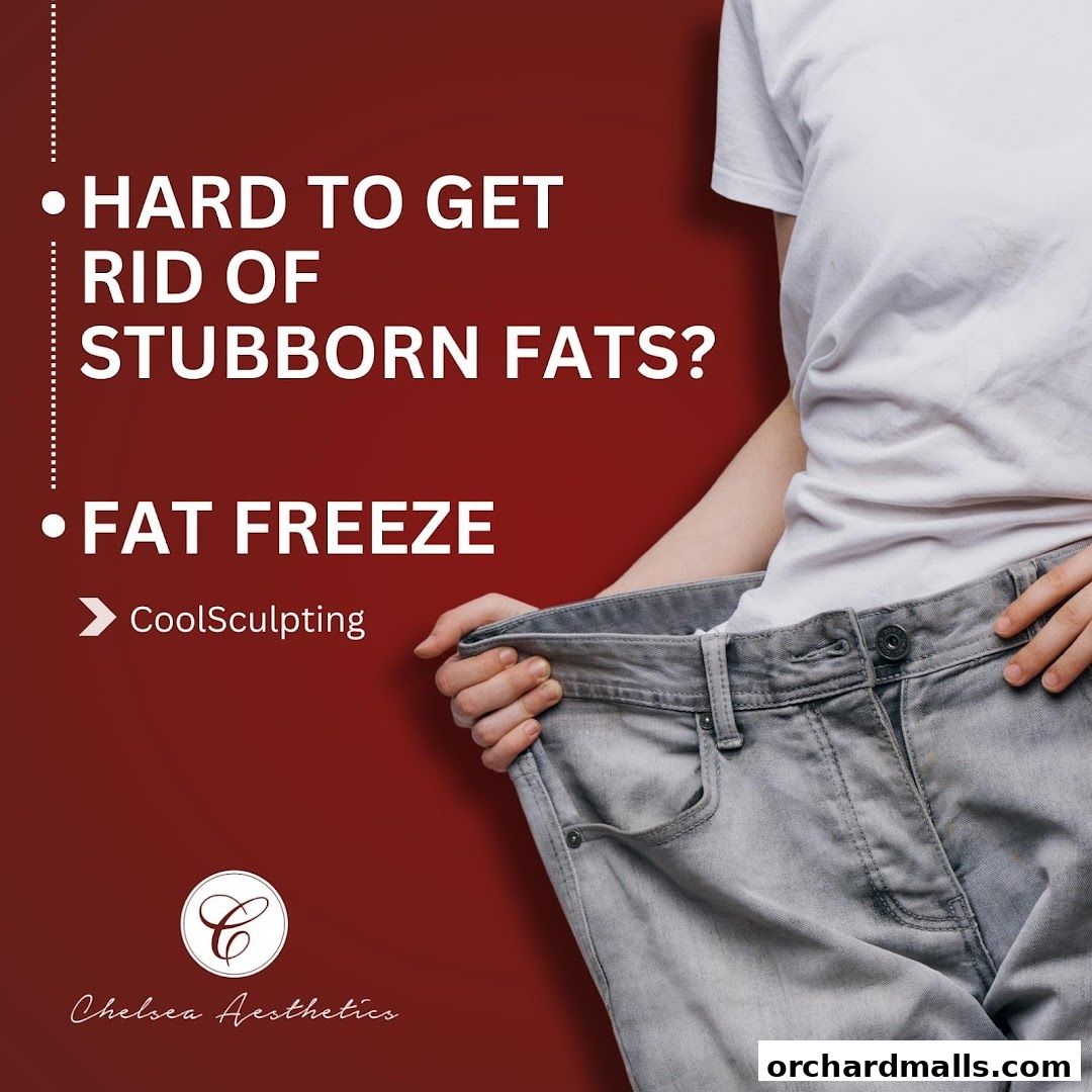 A person holds up oversized jeans, advertising fat freeze treatments for stubborn fats.