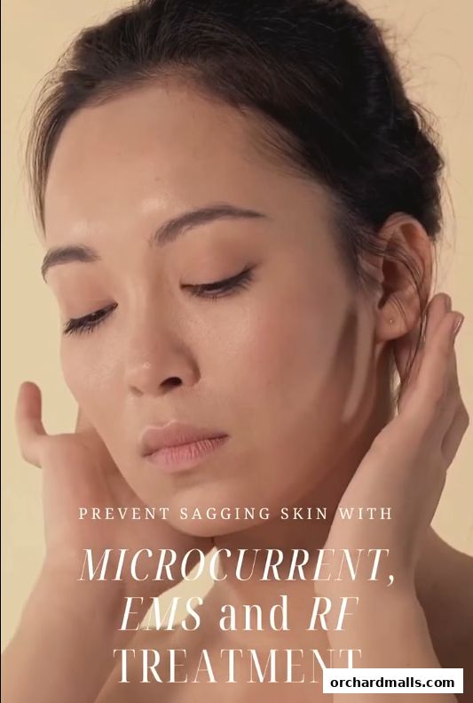 A woman's face with closed eyes, hands touching her face, promoting skin treatments.