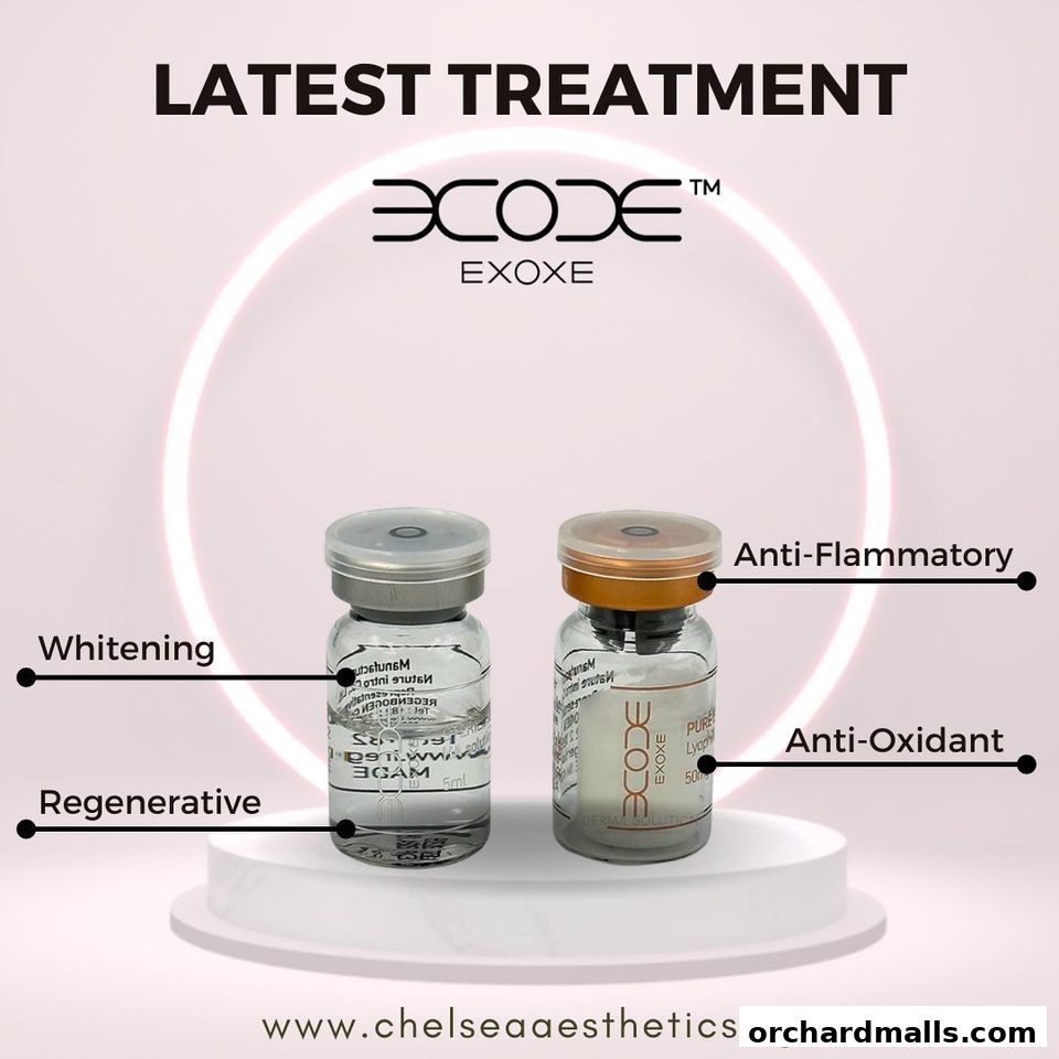 Two vials of aesthetic treatment products, highlighting whitening, regenerative, anti-inflammatory, and anti-oxidant benefits.