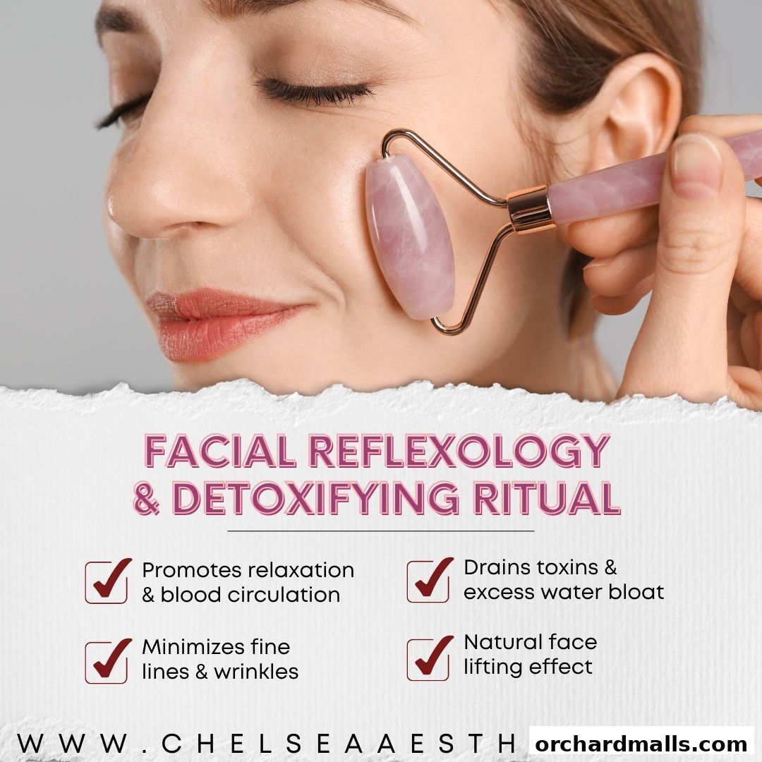 Close-up of a woman's face receiving a facial massage with a rose quartz roller.