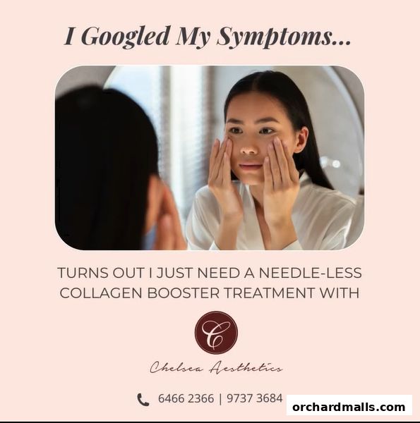 A woman applies cream to her face, with text promoting a collagen booster treatment.