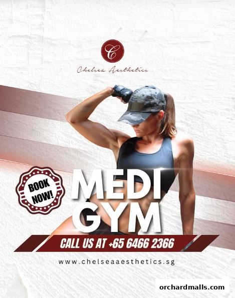 A woman in athletic wear poses with her arm raised, promoting Medi Gym by Chelsea Aesthetics.