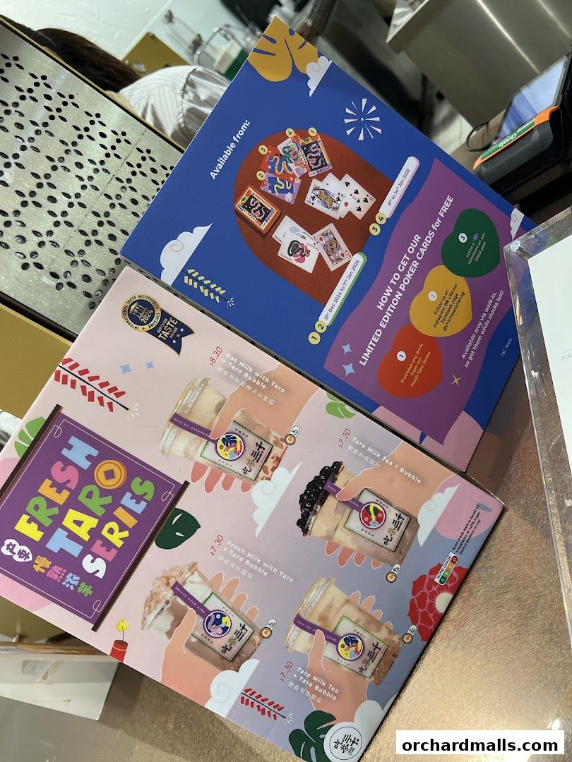Menu for CHICHA San Chen featuring Fresh Taro Series drinks and a promotion for poker cards.