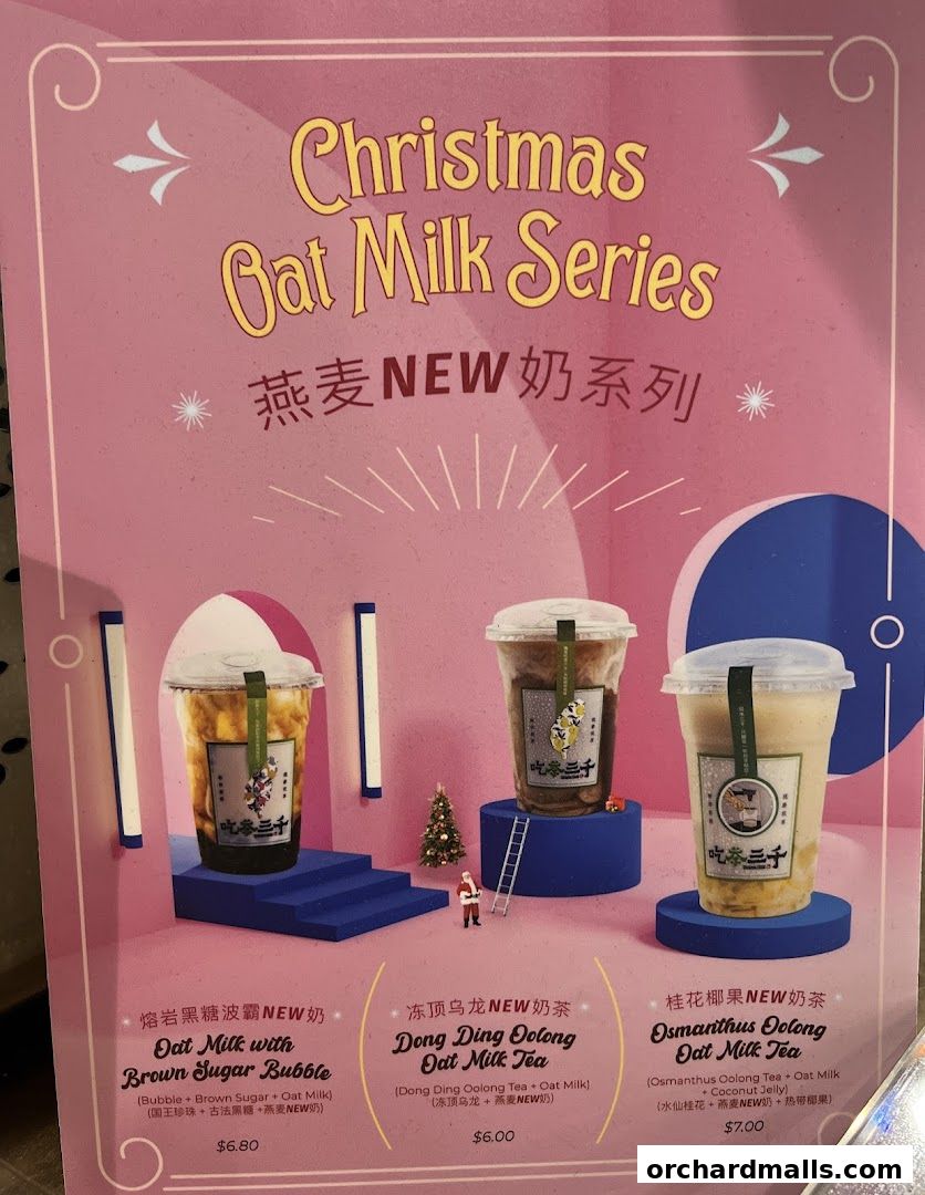 A menu showcasing CHICHA San Chen's Christmas Oat Milk Series with three drink options.