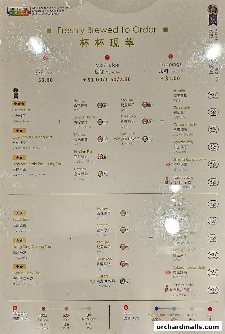 A menu for CHICHA San Chen showing various tea types, mix-ins, toppings, sugar, and ice options.