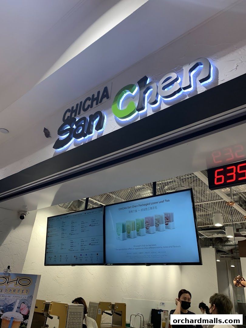 The CHICHA San Chen store entrance with illuminated signage and digital menus.