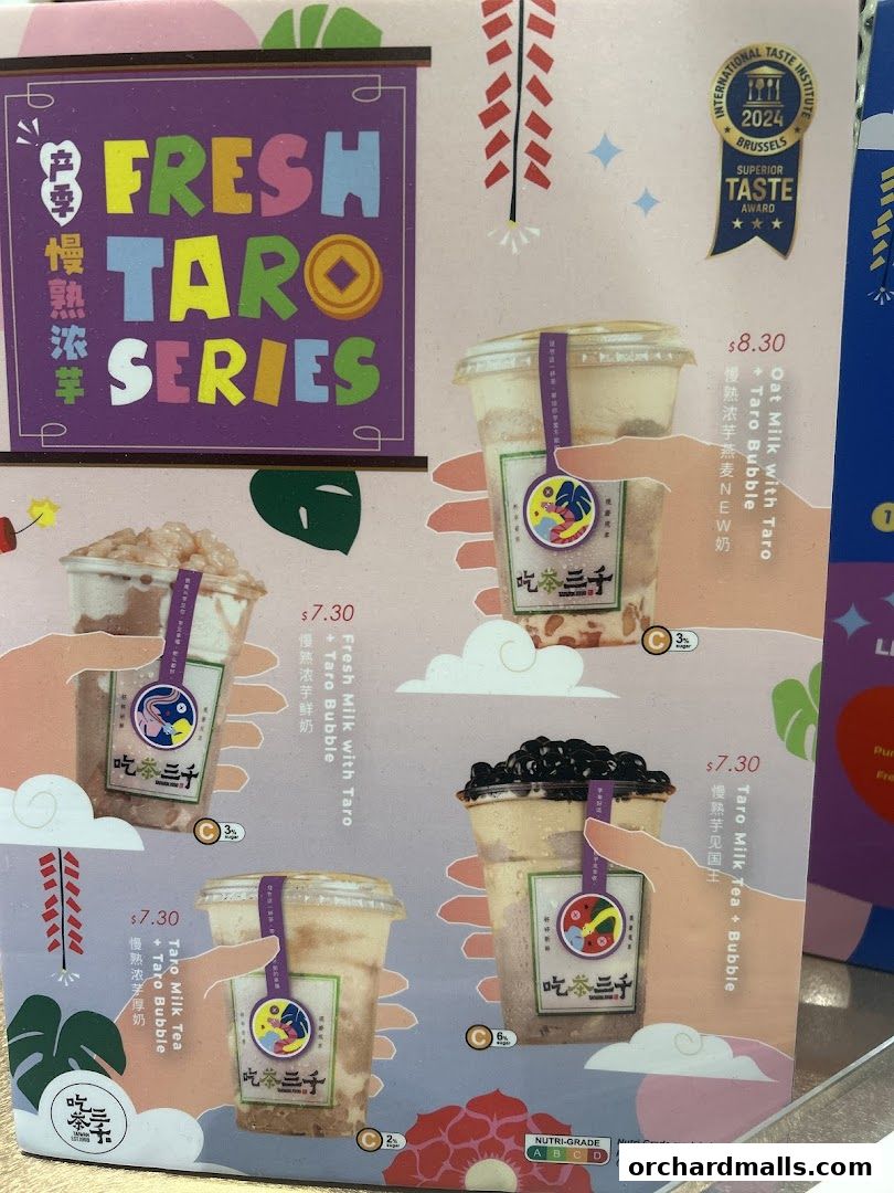 A menu showcasing the 'Fresh Taro Series' with various taro milk tea and bubble tea options.