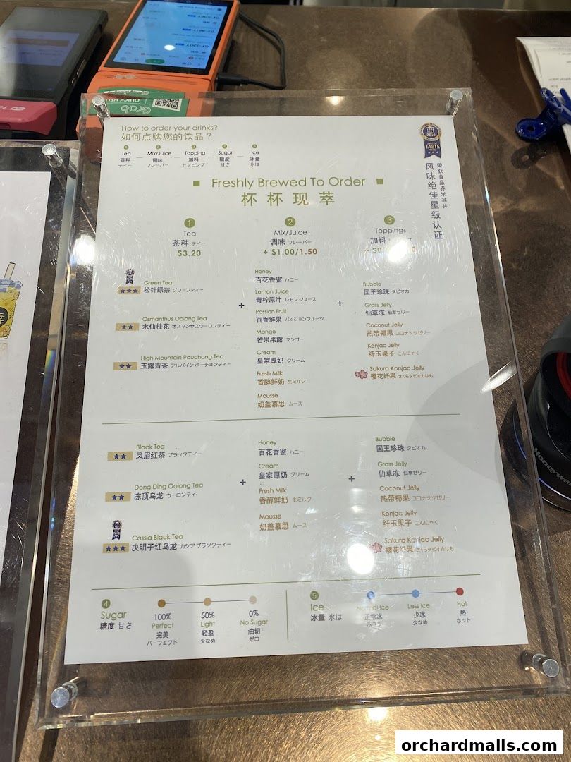 A menu for CHICHA San Chen showing tea options, mix-ins, toppings, sugar, and ice levels.