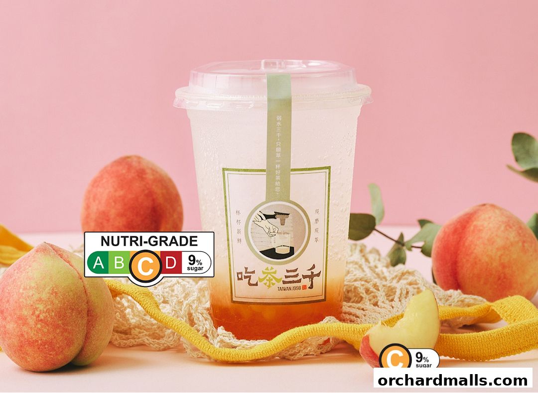 A refreshing peach tea drink from CHICHA San Chen with fresh peaches and nutritional information.
