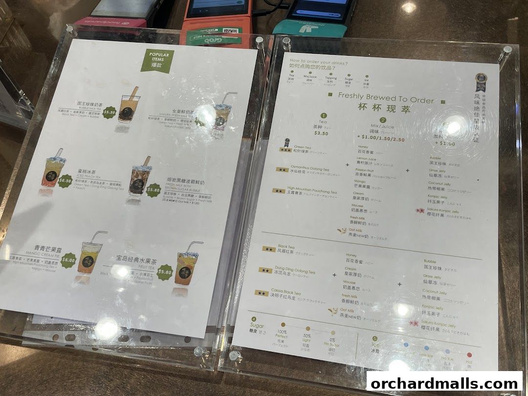 A menu displaying popular bubble tea drinks with prices and customization options.