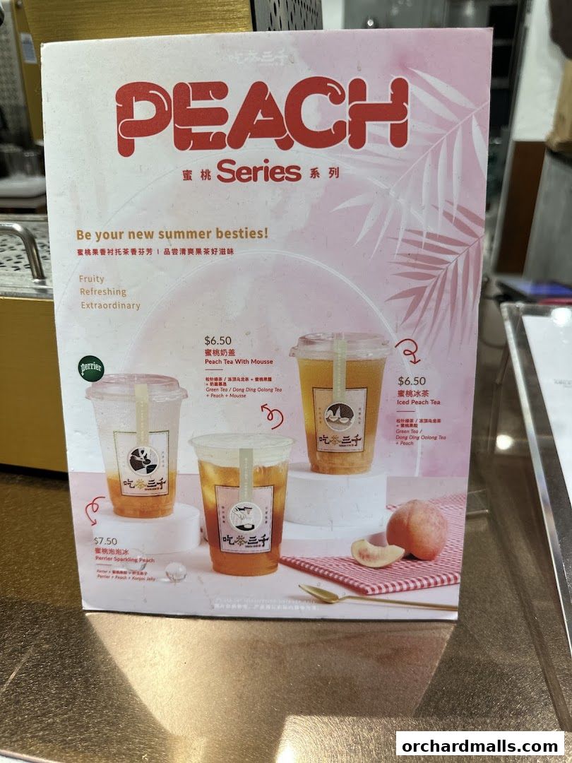 A menu for CHICHA San Chen's Peach Series drinks, featuring three peach-themed beverages.