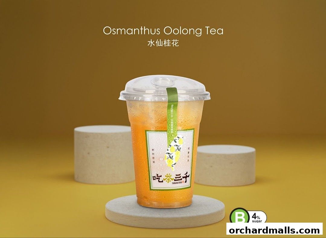 A refreshing Osmanthus Oolong Tea with 4% sugar, presented in a clear cup.