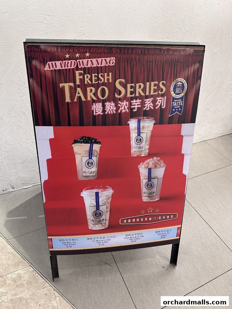 A-frame sign advertising CHICHA San Chen's award-winning Fresh Taro Series drinks.