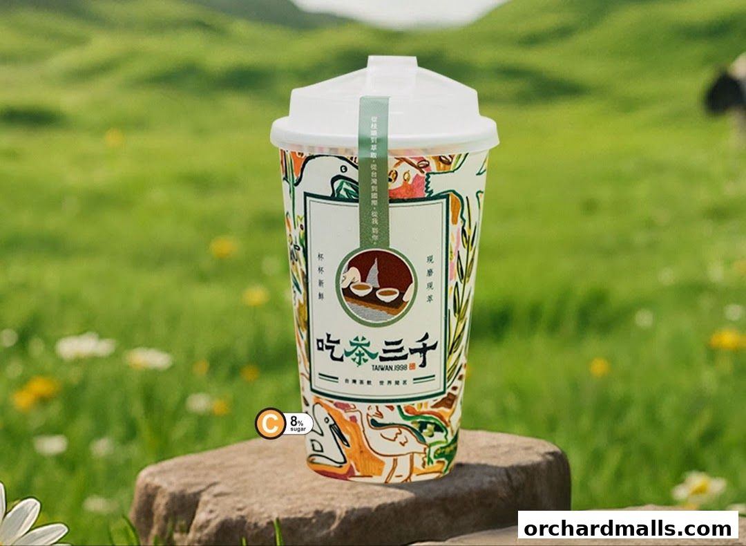 A cup of bubble tea from CHICHA San Chen with a nature-inspired design.