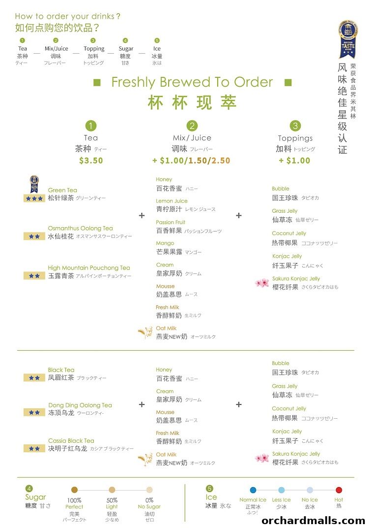 A menu detailing how to order drinks with tea, mix-ins, toppings, sugar, and ice options.