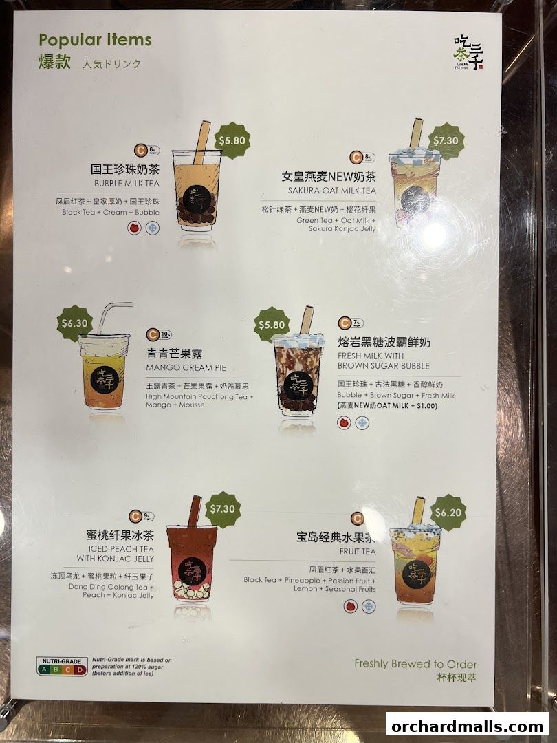 A menu board displaying popular bubble tea and fruit tea drinks with prices and ingredients.